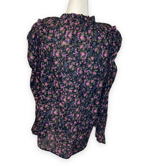 Free People Meant To Be Tie-Neck Blouse in Black Floral Top Long Sleeve - Picture 8 of 13